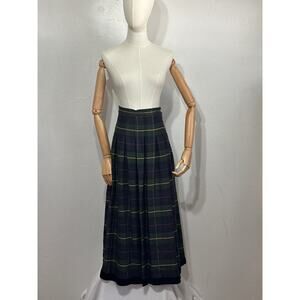 VTG Herman Geist Midi Pleated Plaid Skirt L Green Velvet Trim Preppy Academia
